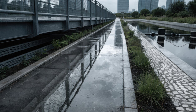 Urban canal wet pavement modern bridge city walkway rainy day reflection water overcast sky empty path industrial metal urban nature Urban canal with wet pavement along modern bridge and city