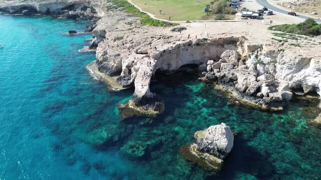 Panoramic drone view of Love Bridge rocky coastline and Mediterranean ocean, Cyprus