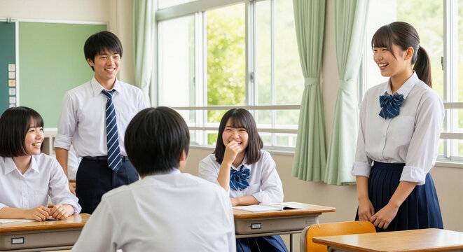 教室で楽しそうに笑顔で会話をする制服姿の高校生のグループ（高校生・学校・生徒・青春）