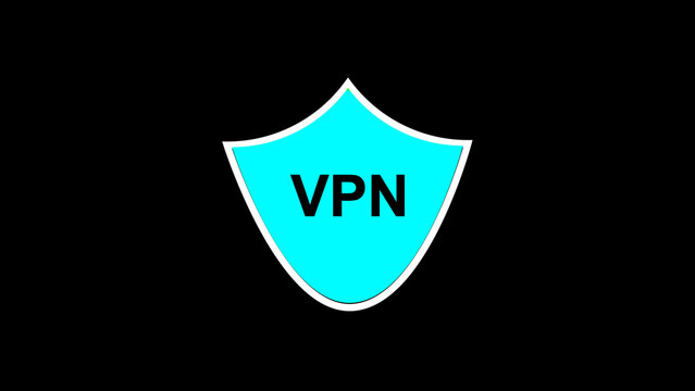 Simple blue shield icon with vpn text centered on a black background, showing online security, privacy, protection, and safe internet access in a clean minimal design
