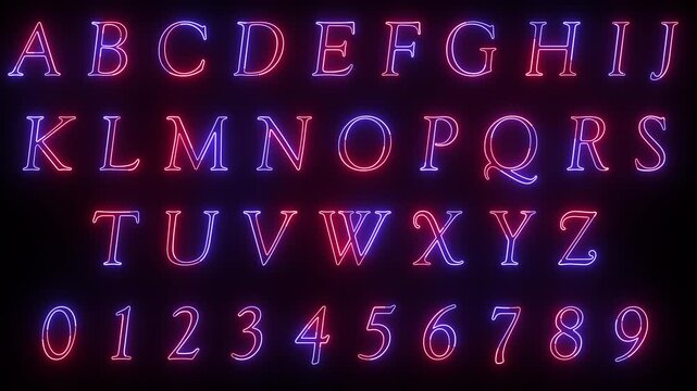 Alphabet letters and numbers display a vibrant glowing neon aesthetic against a dark background for creative design projects.