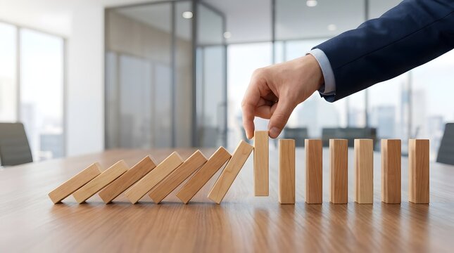 Business Continuity Concept Showing Corporate Leader Halting Domino Effect Symbolizing Financial Stability and Problem Solving