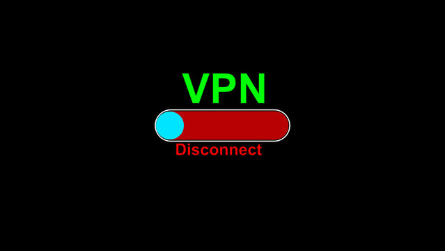Simple vpn disconnect screen with a red toggle button, green text, and black background, showing internet privacy, security settings, and connection status in a clean digital style.