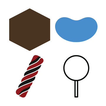 Illustration featuring a hexagonal brown candy, a blue bean-shaped candy, a red and black twisted licorice, and a blank lollipop stick, presented as simple, distinct confectionery shapes.