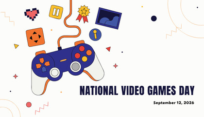 National video games day illustration with game controller and icons © Vectyx