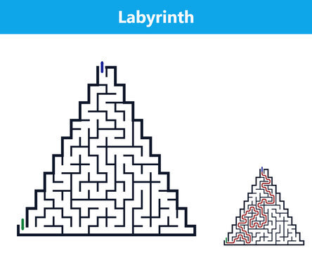 Labyrinth maze illustration in triangular shape with solutions,  Logic game with labyrints,Maze game,Maze Puzzle foor kids,Labyrinth With Entry And Exit,Maze For Activiity Book,Puzzle Labyrinth