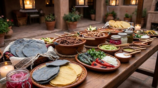 Traditional mexican food buffet with colorful tacos and variety of salsas on a wooden table. customizable taco bar