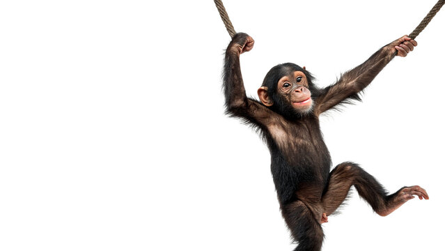 Chimpanzee monkey jumping funny wild animal isolated on transparent background for nature zoo