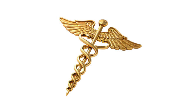 Golden caduceus medical symbol wings emblem isolated on transparent background for healthcare