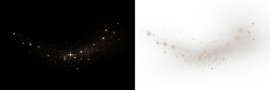 Golden sparkling stardust trail with glowing particles, radiant stars and magical light effects isolated on transparent background. Shimmering glitter dust creates an elegant fantasy overlay