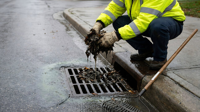 Gloved hands lift wet leaf debris off a curbside storm drain grate