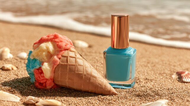 Melting Ice Cream Cone and Blue Nail Polish on Sandy Beach Summer Still Life