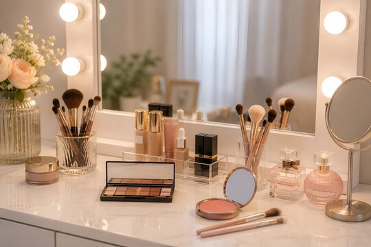 Luxury cosmetics makeup palette brushes and perfume bottles on lit vanity mirror dressing table