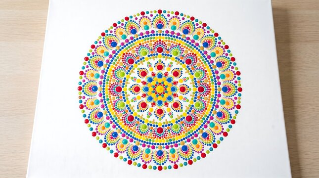 Colorful mandala with vibrant paint dots. Artistic geometric pattern for creative projects.