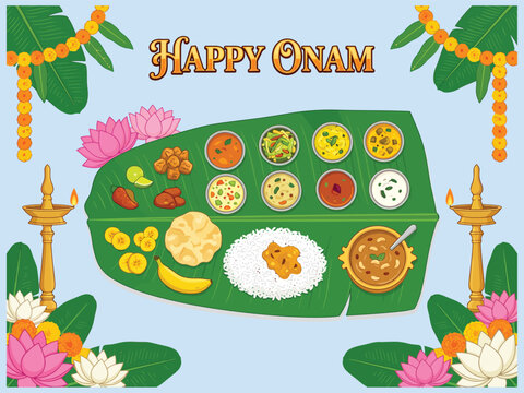 Happy onam festival greeting card with traditional kerala sadya food served on a green banana leaf