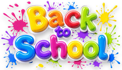 Fototapeta premium Colorful threedimensional text Back to School with vibrant paint splatters isolated on transparent background transparent background
