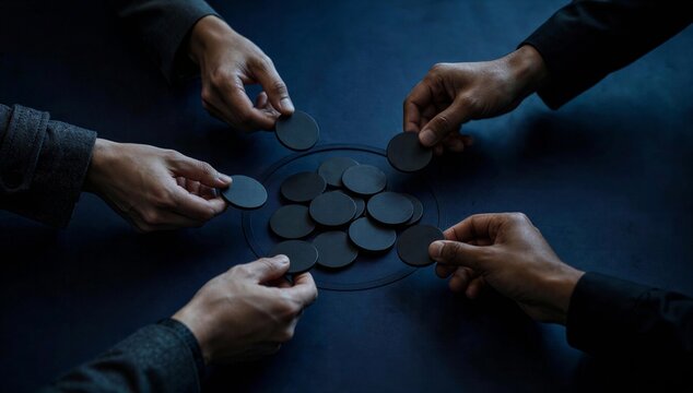 Hands place token in circle on table, symbolizing groupthink, conformity, consensus pressure, and collective decision under social influence.