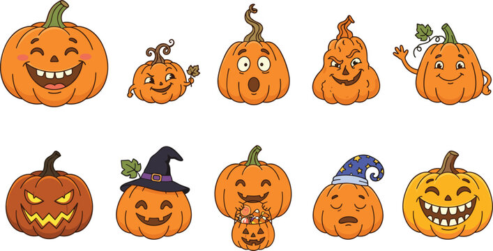 Cute cartoon Halloween pumpkin character set with funny facial expressions and witch hats for kids holiday vector