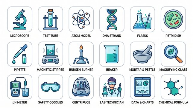 A comprehensive collection of 18 flat design icons representing various scientific laboratory equipment, tools, and concepts for research and education.