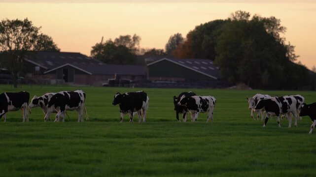 Herd of black and white Holstein Friesian dairy cows grazing in a lush green pasture near a rural farm at dusk in the Netherlands.