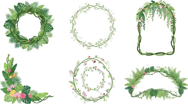 Tropical jungle vine frame vector set with exotic monstera leaves palm fronds and hibiscus flower borders illustration