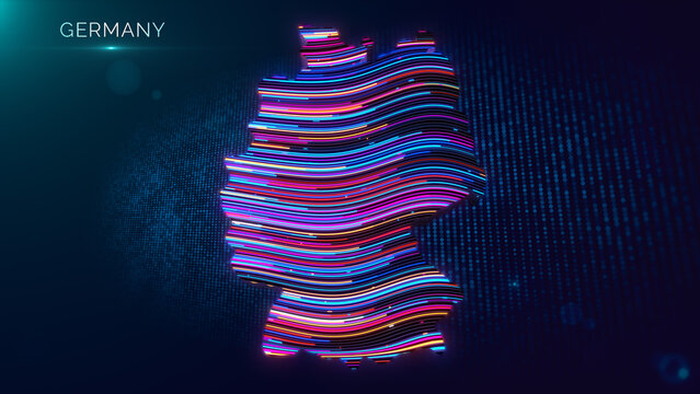Futuristic Germany map with glowing country label, vibrant neon wave lines, digital particle grid, cinematic depth of field, and colorful technology-inspired background.