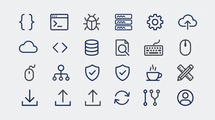 Fototapeta premium A comprehensive set of linear icons for software development, data management, and cloud services.