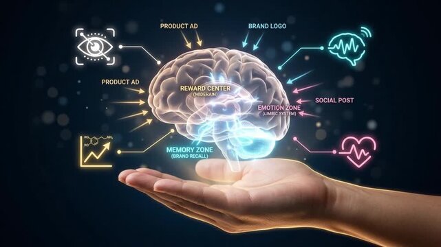 Neuromarketing concept with glowing human brain hologram, digital consumer psychology data visualization, hand holding futuristic brain interface 4K video