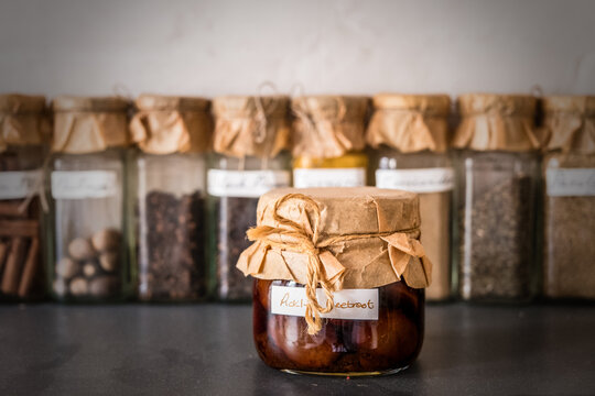 A Row Of Jars Containing Preserves & Spices In An English Country House In Essex
