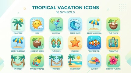 Fototapeta premium Set of 16 colorful tropical vacation icons including palm trees, sun, cocktails, beach umbrellas, flip-flops, and other summer holiday symbols.