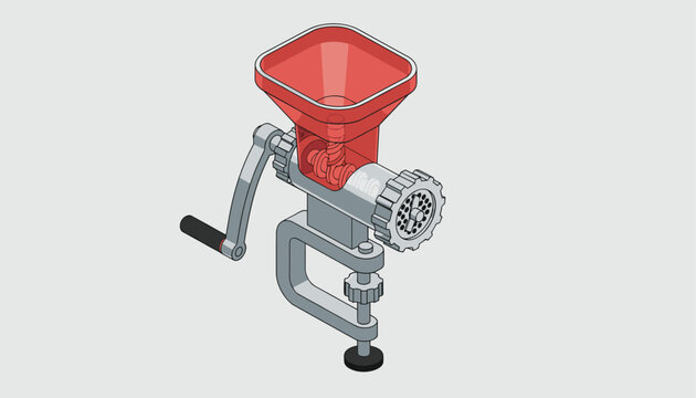 Isometric vector illustration of a manual metal meat grinder with a red hopper, perfect for home cooking and kitchen utensil design.