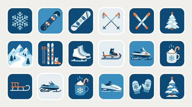 A collection of winter-themed icons including snowboards, skis, ice skates, sleds, snowmobiles, snowflakes, and Christmas trees.