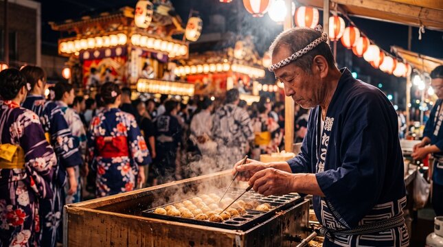 Japanese chef cooking takoyaki at a night festival stall with crowds of people wearing traditional yukata kimonos under glowing lanterns