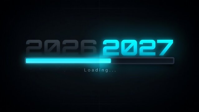 Futuristic loading screen with years 2026 and 2027 in digital display