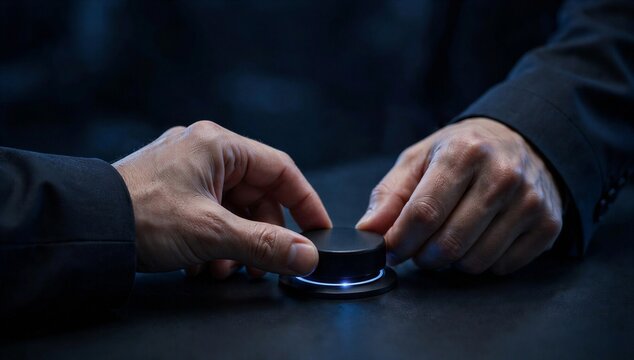Hand press illuminated button on dark table, symbolizing kpi control, decision, measurement, performance tracking, and strategic action.