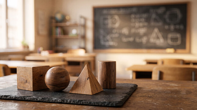 Wooden geometric shapes arranged on a slate base in a blurred classroom with chalkboard
