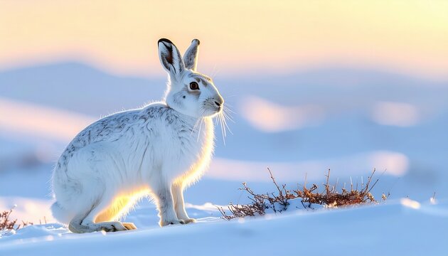 White Arctic Hare in Winter Snow at Sunrise with Soft Pastel Light