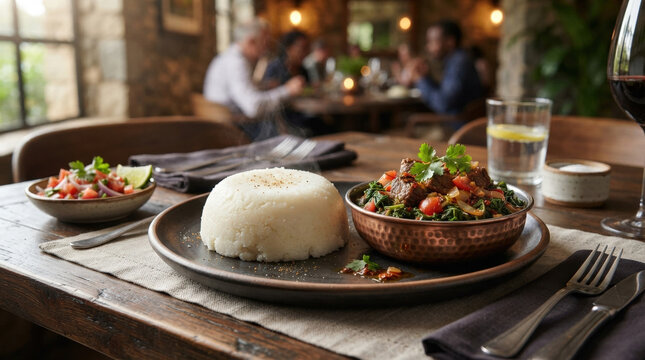 Traditional East African ugali served with beef stew and greens. Kenyan cornmeal dish with kachumbari salad on a rustic restaurant table