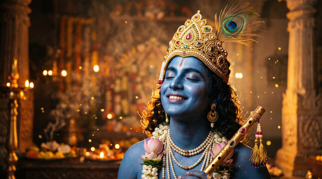 Hindu deity Krishna holding a flute in a warm illuminated stone temple setting with glowing oil lamps