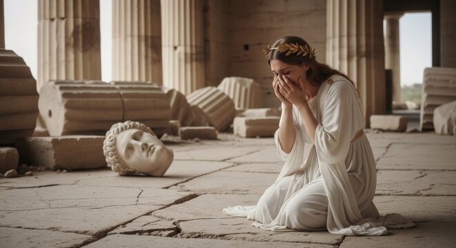 Grieving woman in ancient white dress kneeling among ruined columns and a fallen classical sculpture