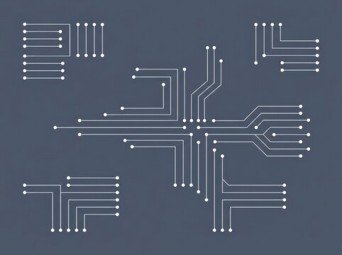 Minimalist white electronic circuit board traces on gray background
