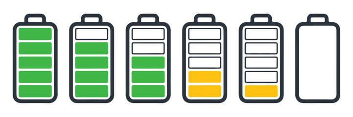 Battery level icon set with charging indicators. Concept of power status, energy capacity and portable device battery monitoring for smartphones, laptops, electronics and digital power management. © mdbhraju76