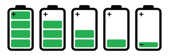 Battery level icon set with charging indicators. Concept of power status, energy capacity and portable device battery monitoring for smartphones, laptops, electronics and digital power management. © mdbhraju76