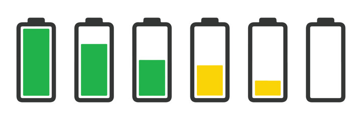 Battery level icon set with charging indicators. Concept of power status, energy capacity and portable device battery monitoring for smartphones, laptops, electronics and digital power management. © mdbhraju76
