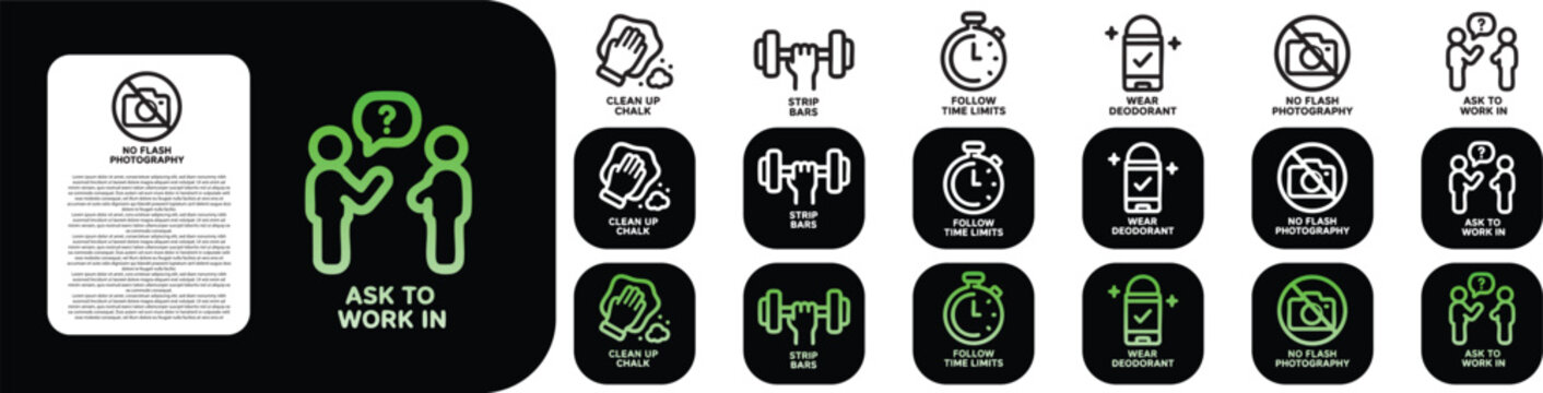 premium ultra bold Minimal line icon set for Gym Rules like Clean up chalk Strip bars Follow time limits Wear deodorant No flash photography Ask to work in