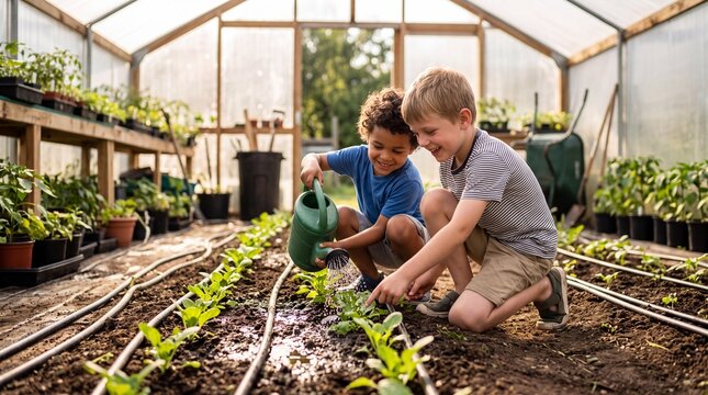 Two young boys smiling and watering small green plants with a green watering can inside a bright sunlit greenhouse garden setting