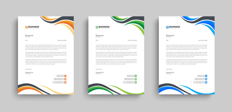 Modern professional corporate letterhead template set with abstract wave design