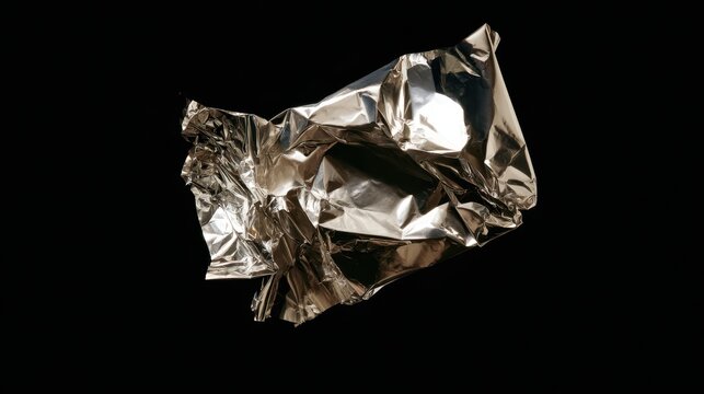 Wrinkled silver metal foil featuring dynamic reflections and angular creases, forming a bold contemporary abstract composition on a black background.
