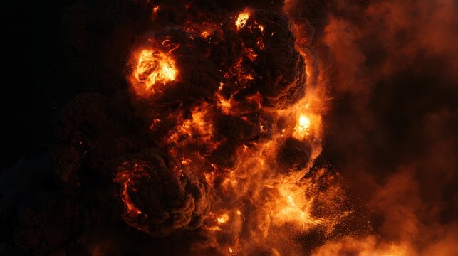 Towering cloud of illuminated fire, smoke and glowing embers emerging from darkness, forming a powerful abstract composition filled with energy.
