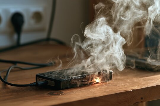 Smoking portable electronic device connected to a charger, highlighting the dangers of overheating batteries and potential electrical fire hazards.
